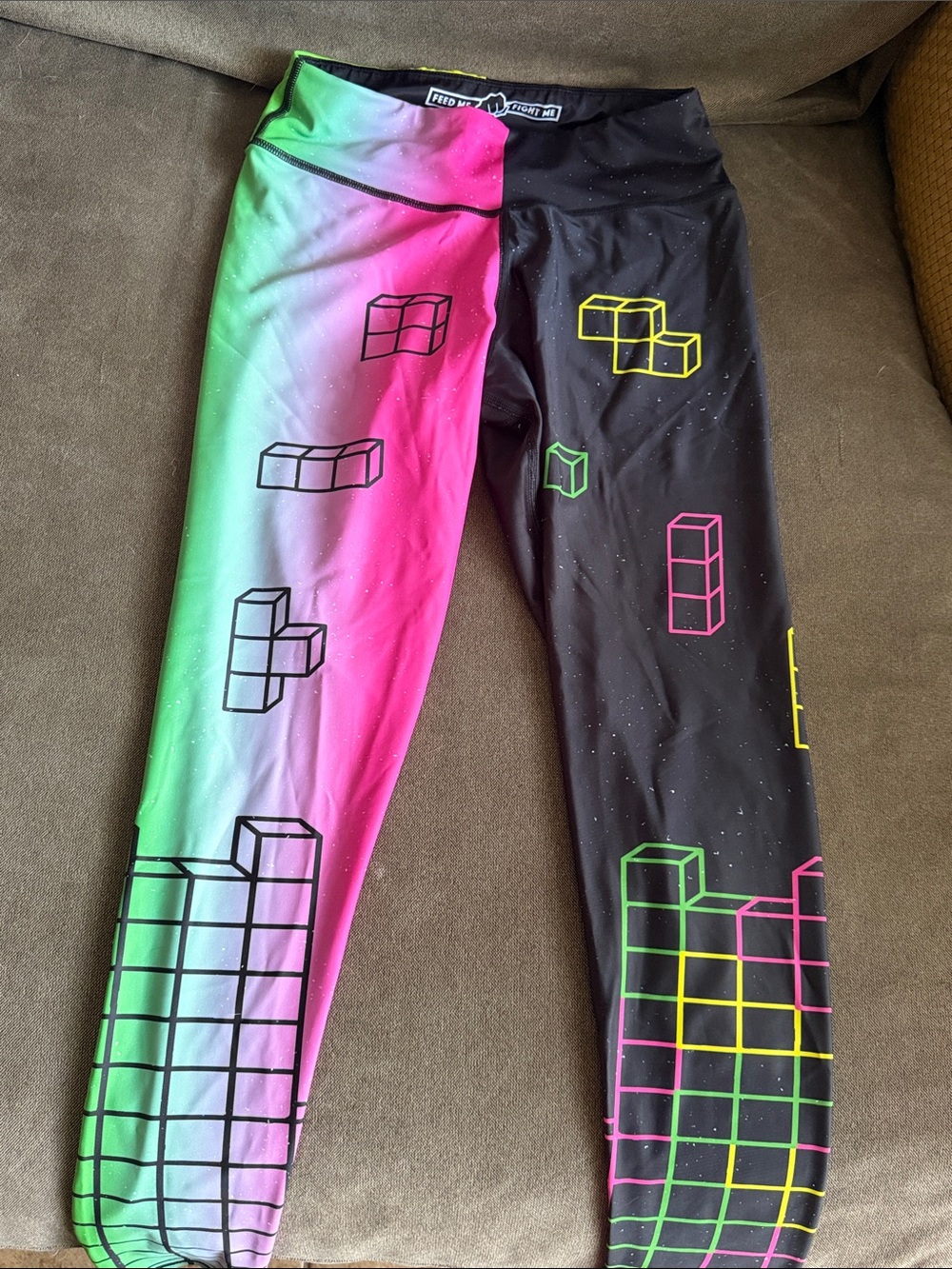 Feed Me Fight Me Neon Gradient & Block Print Leggings - Pink, Green, Black
